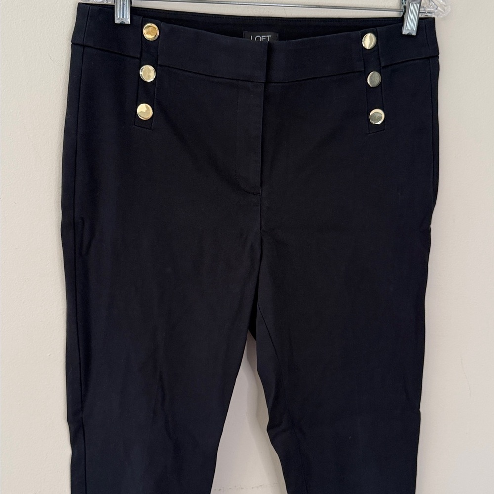 LOFT High Waist Curvy Skinny black contemporary ankle pants gold  buttons SZ 8 - Picture 2 of 10